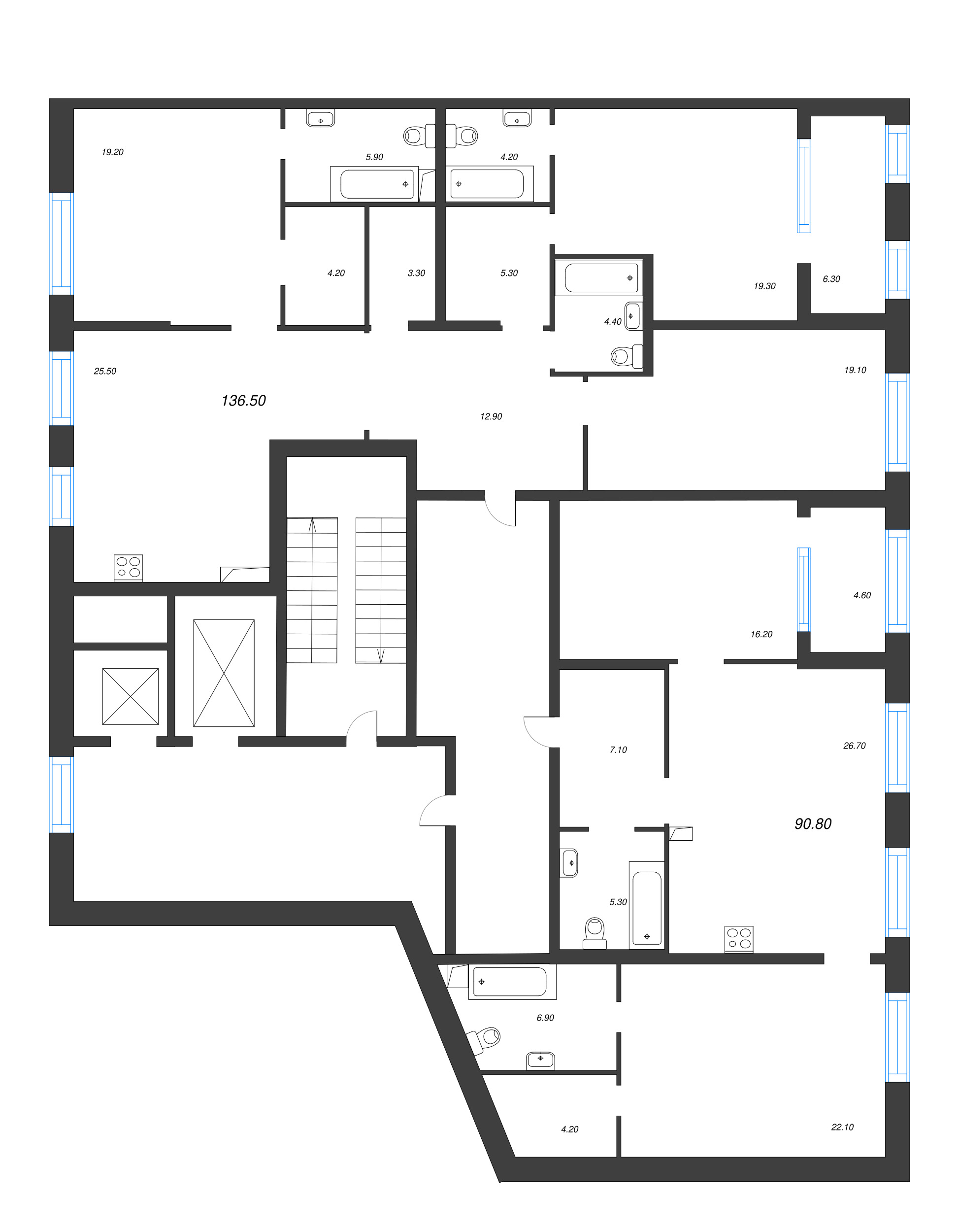 3-комнатная (Евро) квартира, 90.8 м² в ЖК "ЛДМ" - планировка этажа