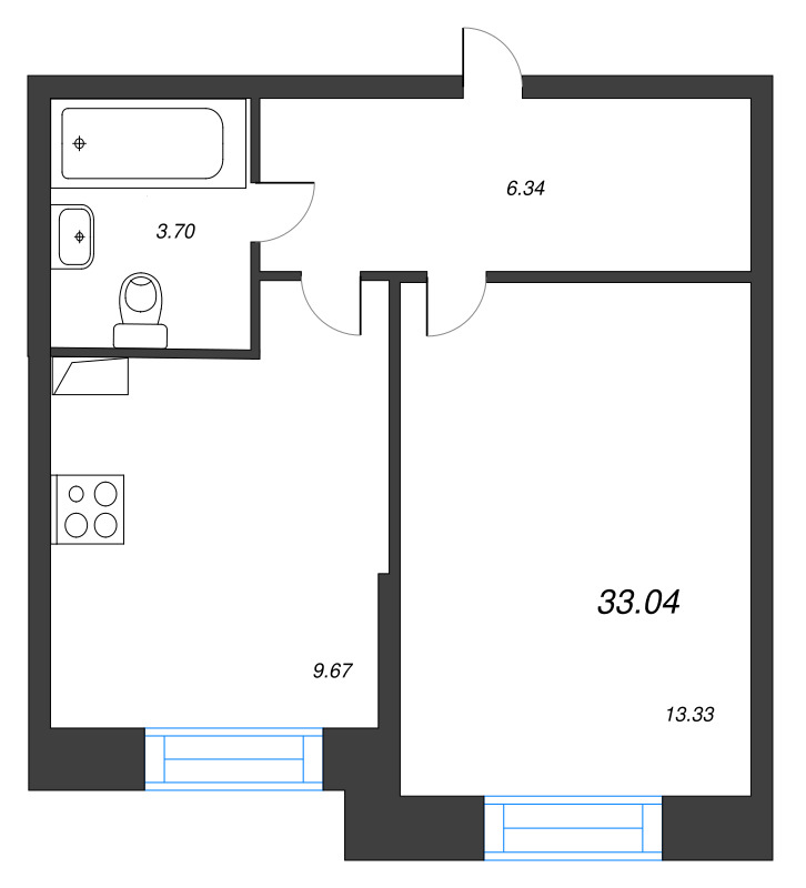 1-комнатная квартира, 33.04 м² в ЖК "Аквилон Stories" - планировка, фото №1