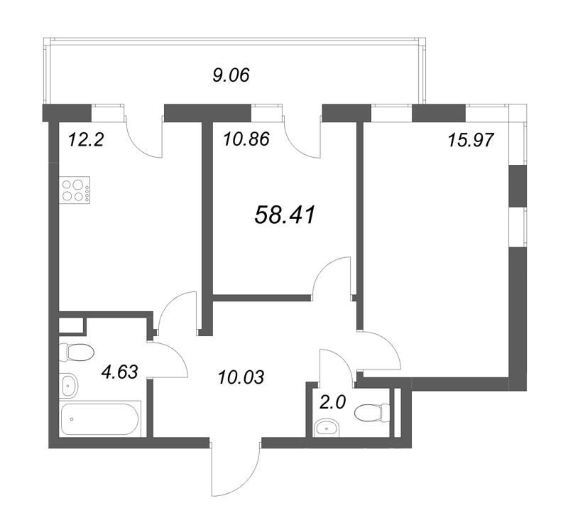 2-комнатная квартира, 58.41 м² в ЖК "Новая история" - планировка, фото №1