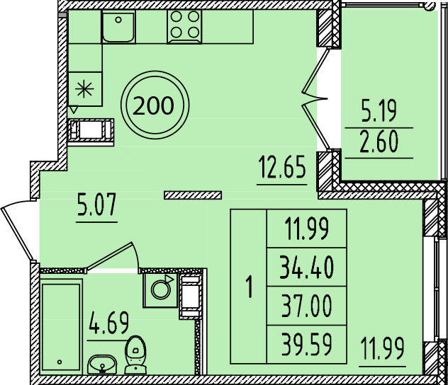1-комнатная квартира, 34.4 м² - планировка, фото №1