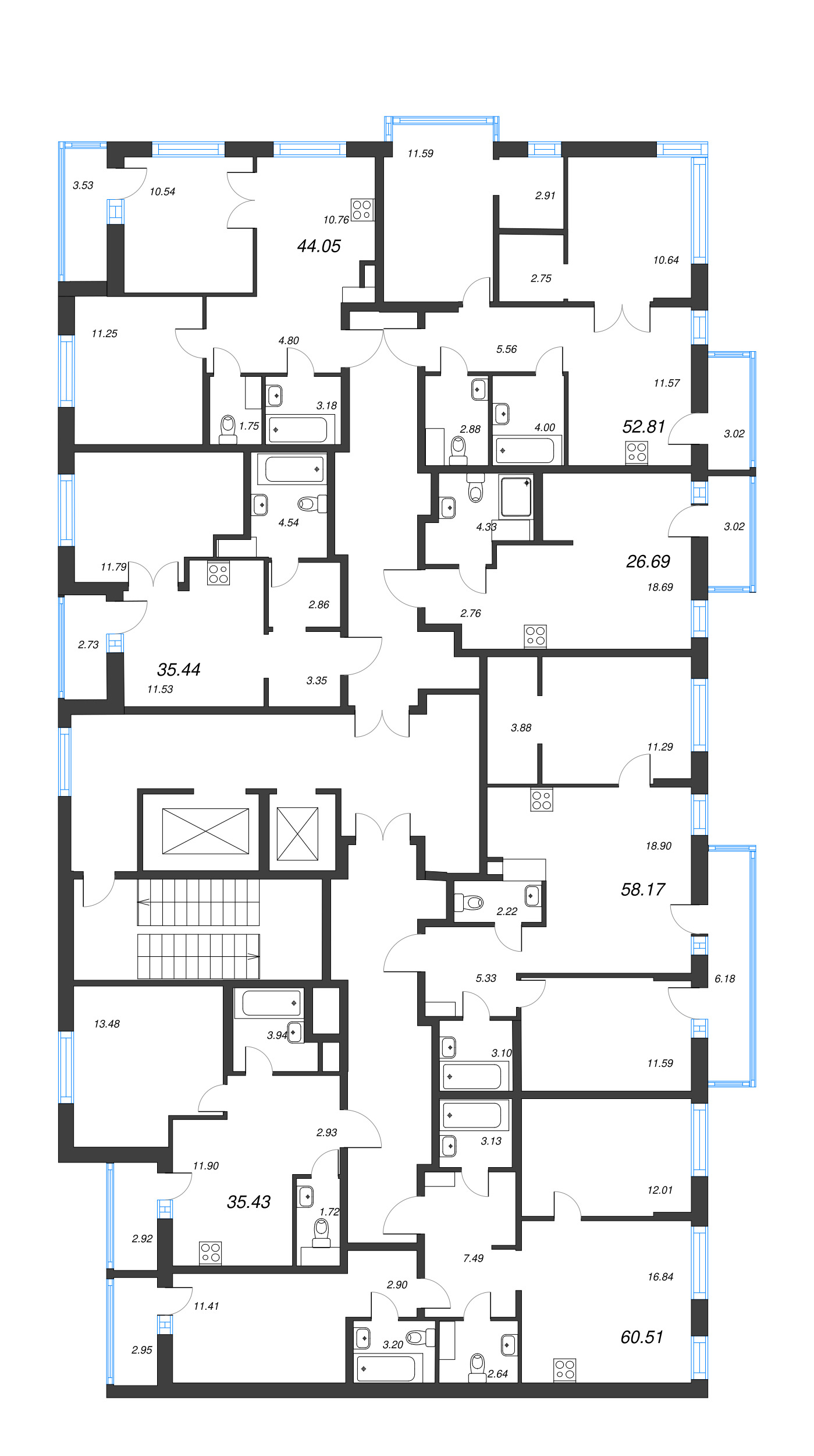 3-комнатная (Евро) квартира, 58.17 м² - планировка этажа