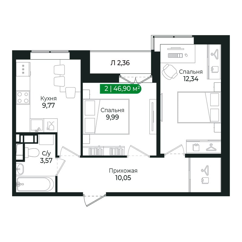 2-комнатная квартира, 45.7 м² в ЖК "Сертолово Парк" - планировка, фото №1