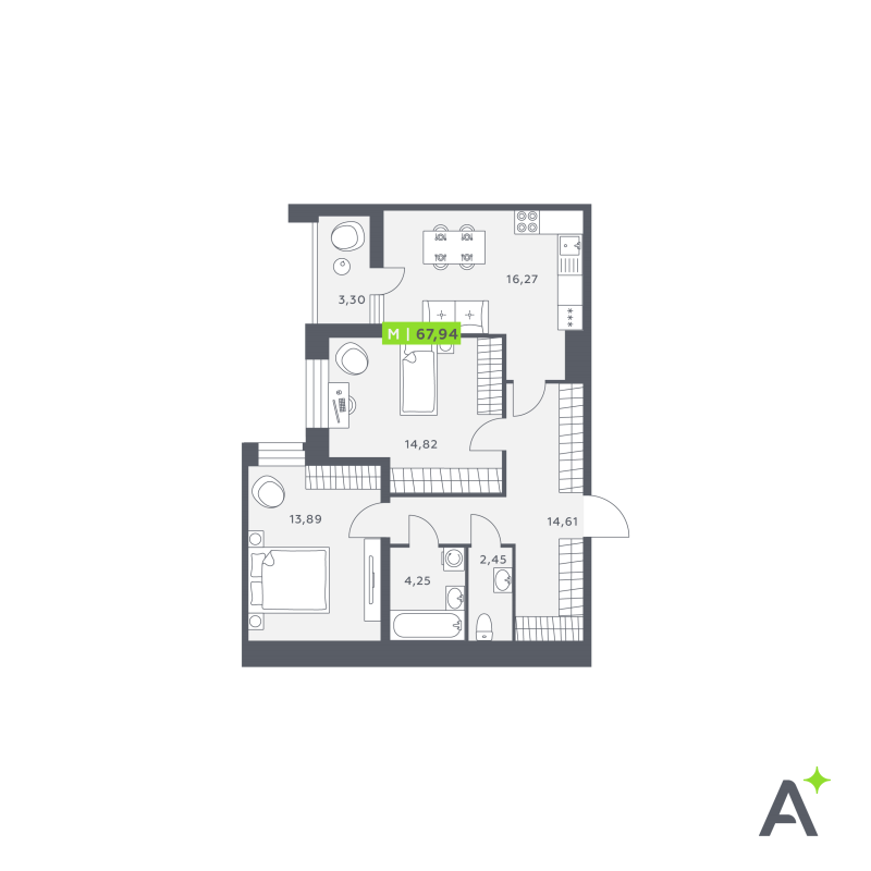 3-комнатная (Евро) квартира, 67.95 м² в ЖК "Аквилон Verba" - планировка, фото №1