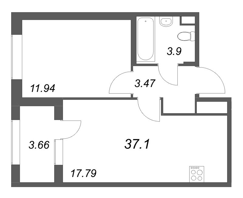2-комнатная (Евро) квартира, 37.1 м² в ЖК "Дубровский" - планировка, фото №1