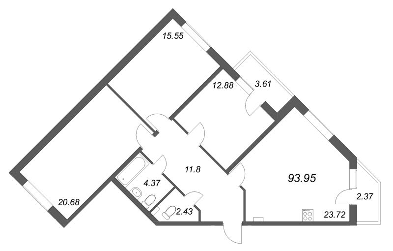 4-комнатная (Евро) квартира, 93.95 м² в ЖК "АРО" - планировка, фото №1