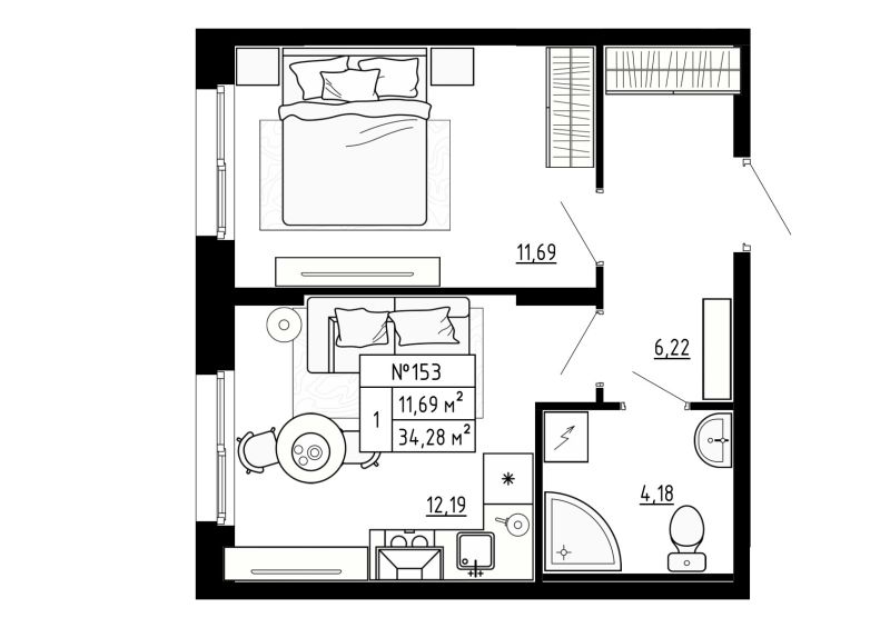 1-комнатная квартира, 34.28 м² - планировка, фото №1