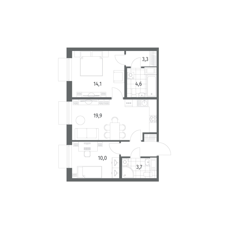 3-комнатная (Евро) квартира, 59.3 м² в ЖК "Парусная 1" - планировка, фото №1