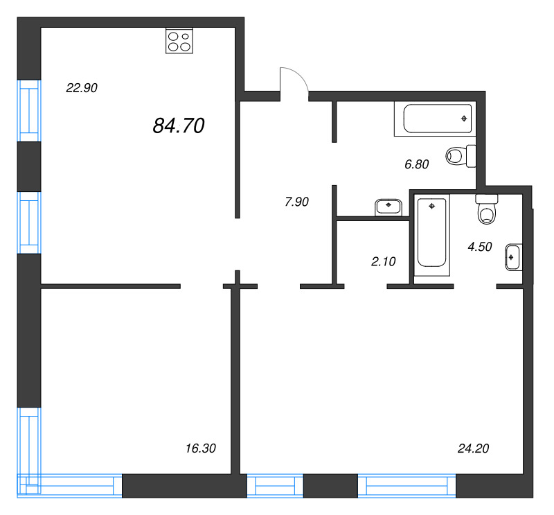 3-комнатная (Евро) квартира, 84.7 м² - планировка, фото №1