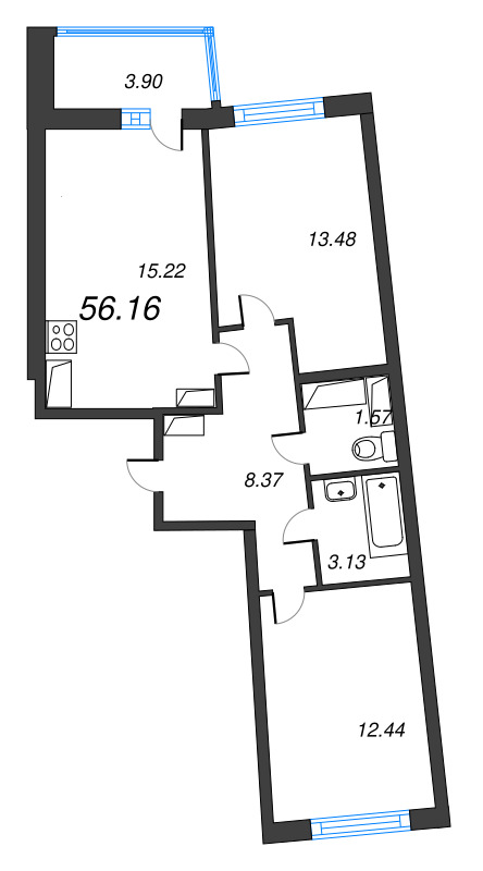 3-комнатная (Евро) квартира, 56.16 м² в ЖК "Дом Левитан" - планировка, фото №1