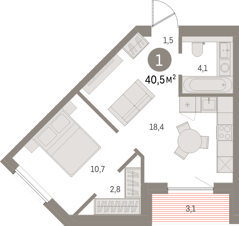 2-комнатная (Евро) квартира, 40.5 м² в ЖК "Северный ветер" - планировка, фото №1