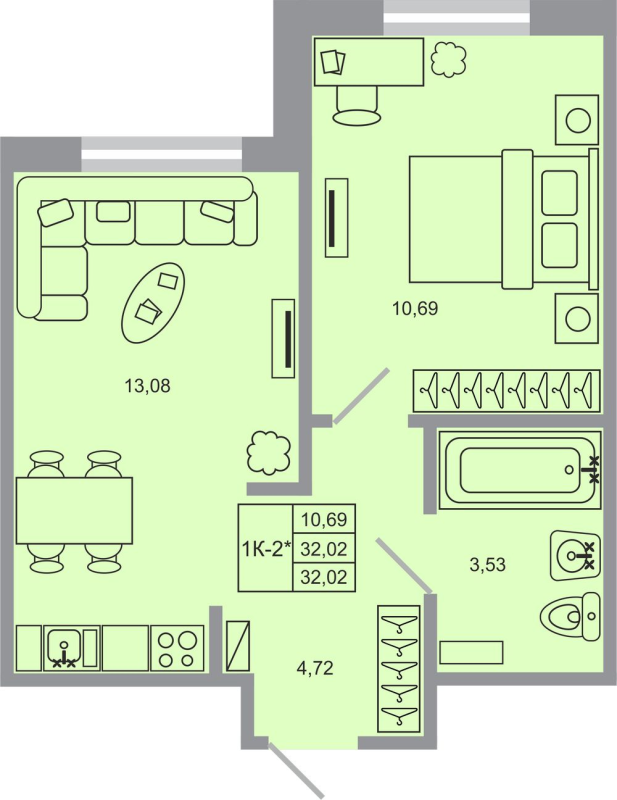 1-комнатная квартира, 32.02 м² - планировка, фото №1