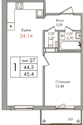 2-комнатная (Евро) квартира, 44.3 м² в ЖК "Верхний" - планировка, фото №1