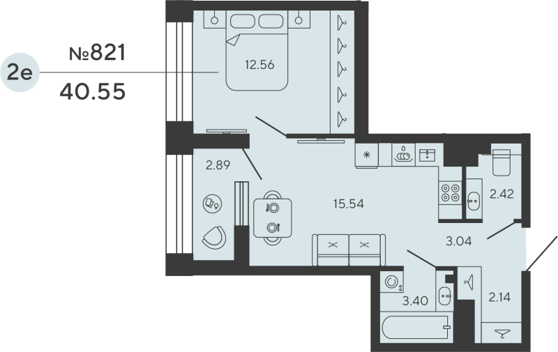 2-комнатная (Евро) квартира, 40.55 м² в ЖК "Башни Элемент" - планировка, фото №1