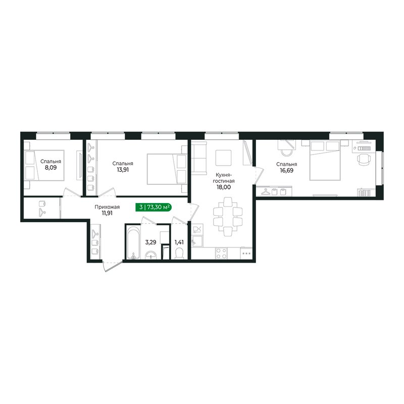 4-комнатная (Евро) квартира, 73.3 м² в ЖК "Сертолово Парк" - планировка, фото №1