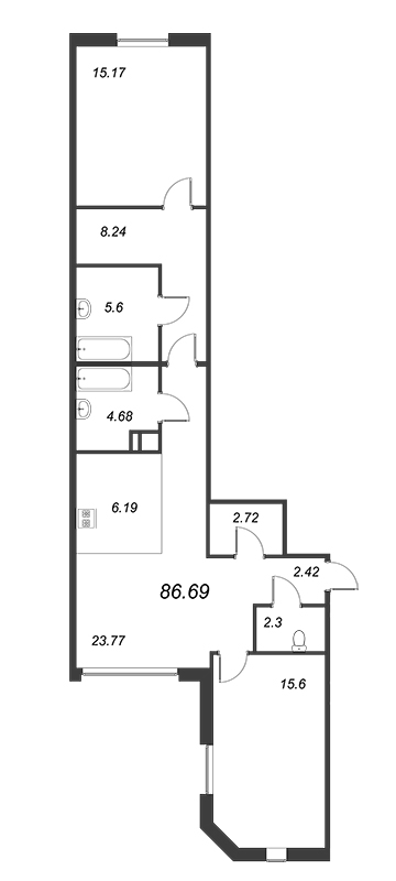 3-комнатная (Евро) квартира, 83.18 м² - планировка, фото №1