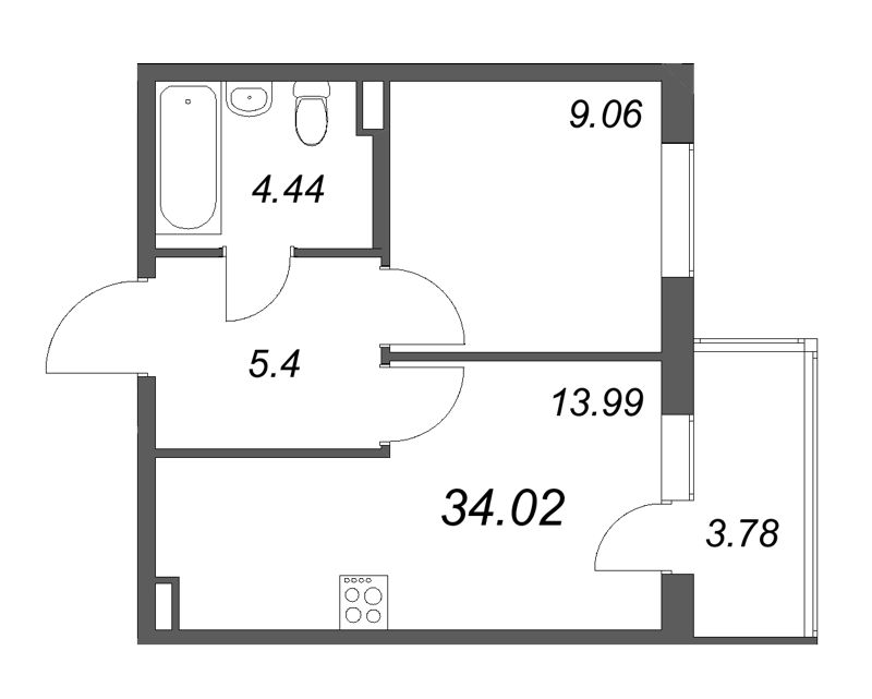 1-комнатная квартира, 34.02 м² в ЖК "Новая история" - планировка, фото №1