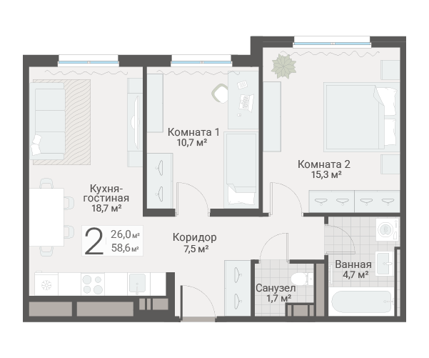 3-комнатная (Евро) квартира, 58.6 м² в ЖК "Руднева 15" - планировка, фото №1