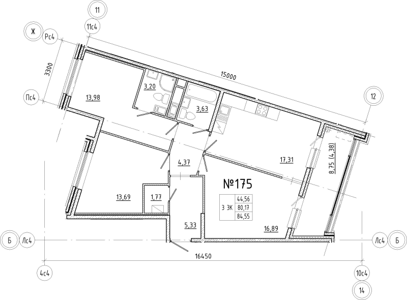 4-комнатная (Евро) квартира, 84.55 м² в ЖК "N8" - планировка, фото №1