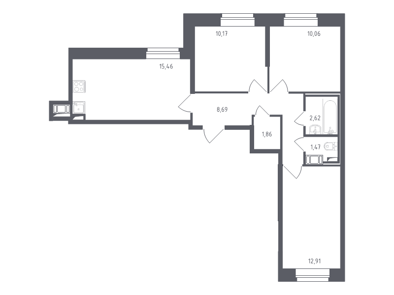 4-комнатная (Евро) квартира, 62.9 м² - планировка, фото №1