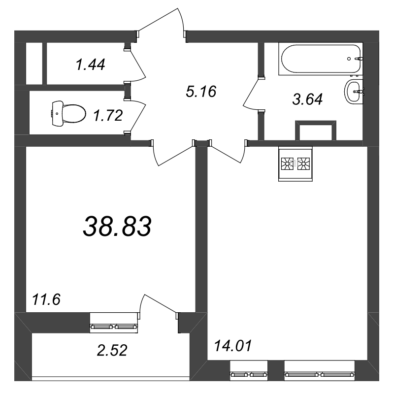 2-комнатная (Евро) квартира, 38.83 м² - планировка, фото №1