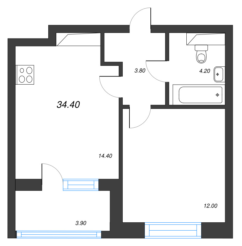 1-комнатная квартира, 34.4 м² в ЖК "М36" - планировка, фото №1