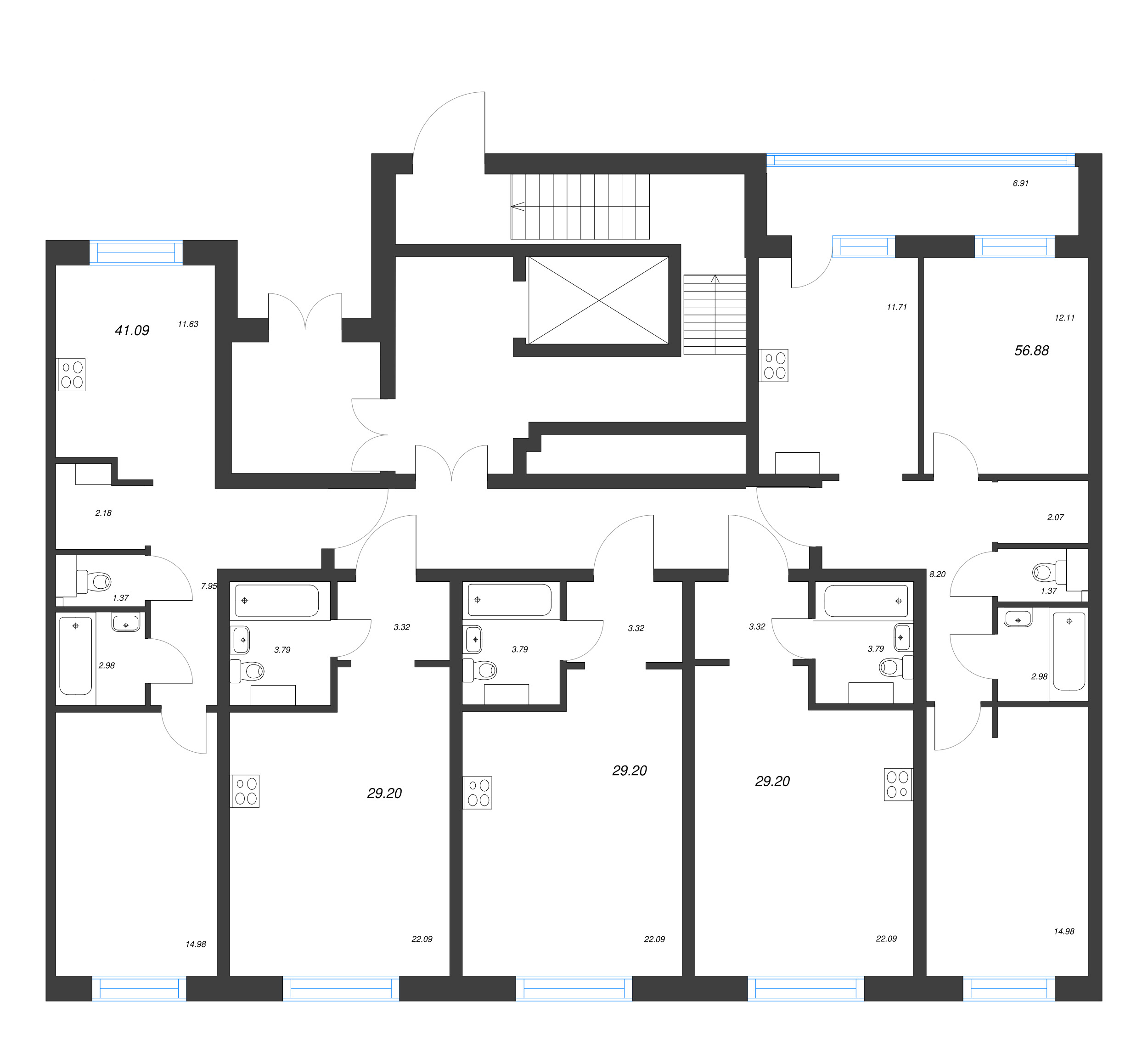 2-комнатная квартира, 56.88 м² - планировка этажа