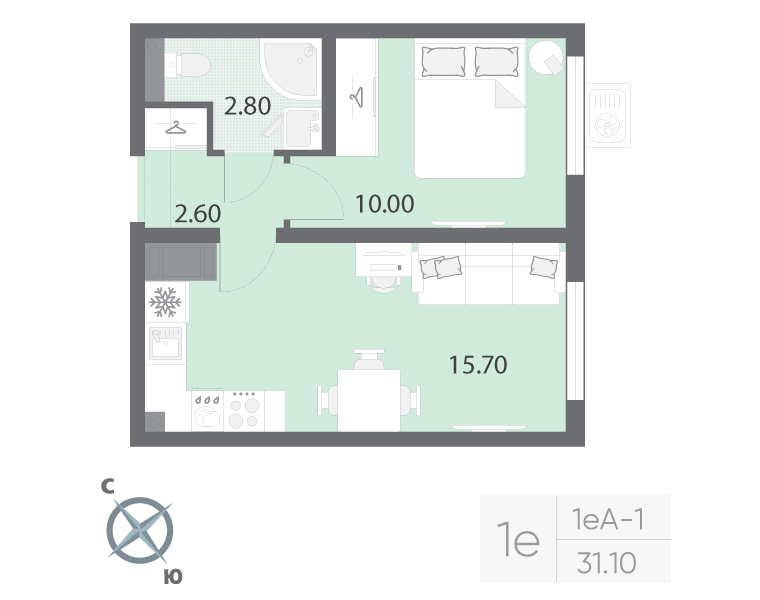 2-комнатная (Евро) квартира, 31.1 м² в ЖК "Ручьи" - планировка, фото №1