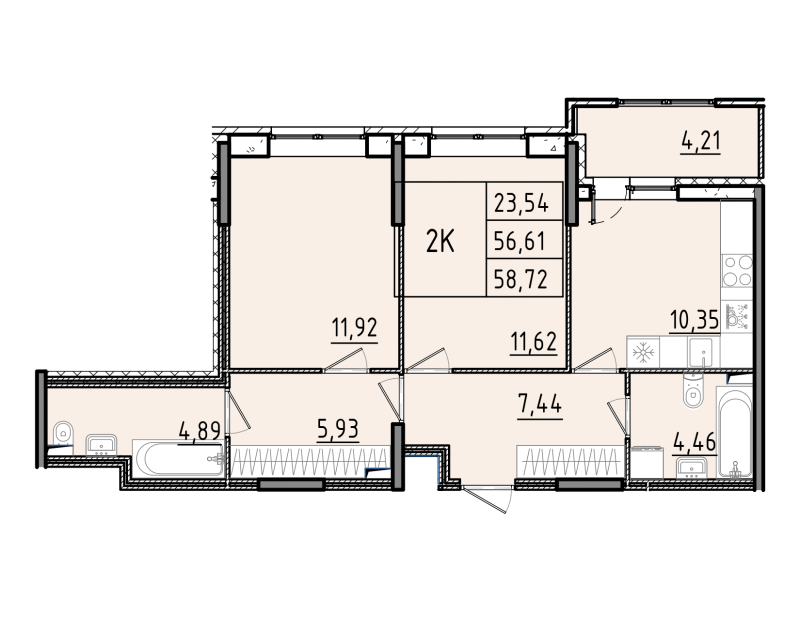 2-комнатная квартира, 58.72 м² - планировка, фото №1