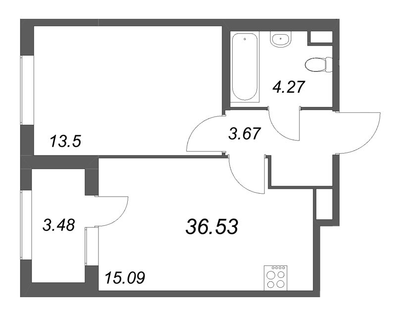 2-комнатная (Евро) квартира, 36.53 м² в ЖК "Дубровский" - планировка, фото №1