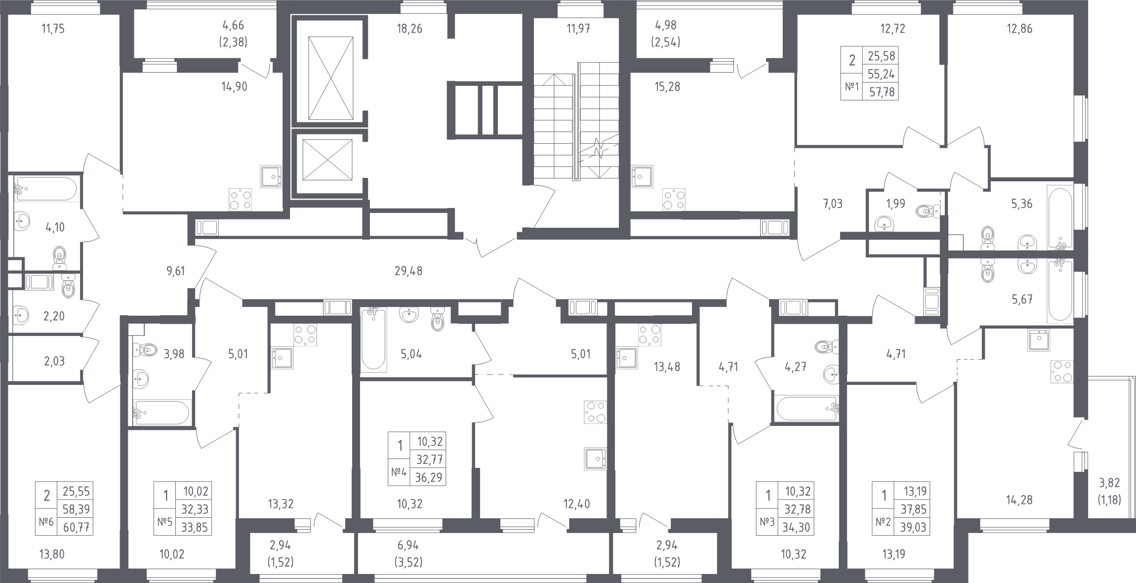 2-комнатная квартира, 60.77 м² - планировка этажа