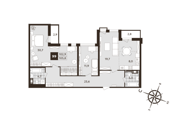 3-комнатная (Евро) квартира, 102.9 м² в ЖК "Дом на Бронницкой" - планировка, фото №1