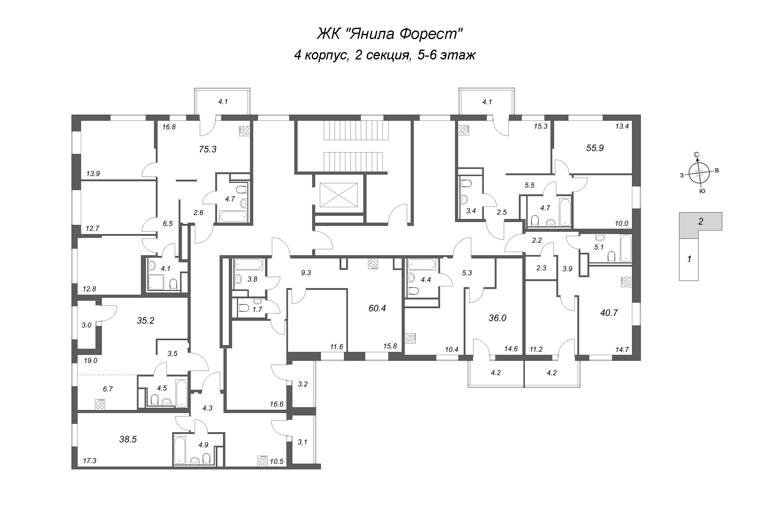 3-комнатная (Евро) квартира, 60.4 м² в ЖК "Янила Форест" - планировка этажа