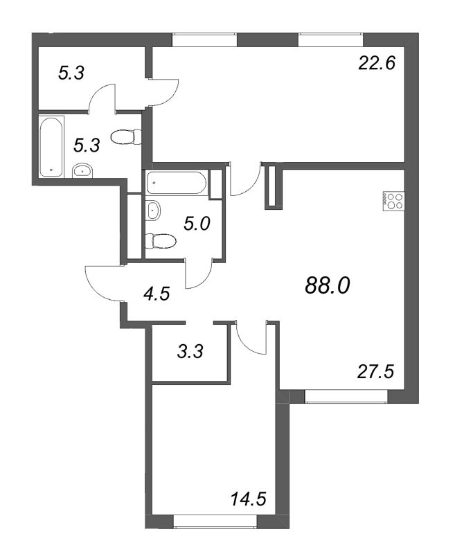 3-комнатная (Евро) квартира, 87.9 м² в ЖК "Визионер" - планировка, фото №1