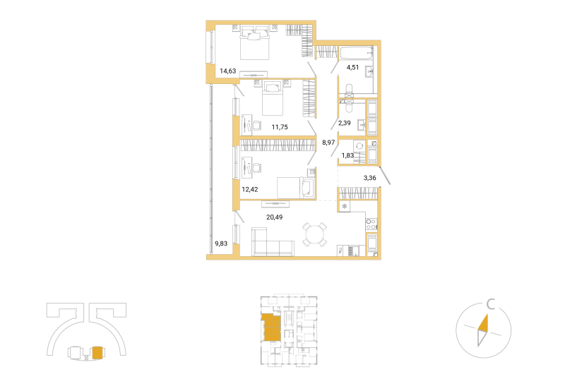 4-комнатная (Евро) квартира, 85.27 м² в ЖК "Окла Вижн" - планировка, фото №1