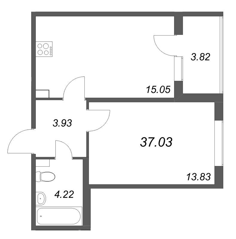 1-комнатная квартира, 37.03 м² в ЖК "Любоград" - планировка, фото №1