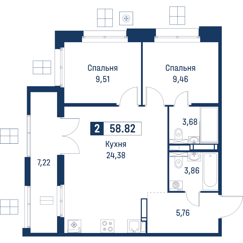 3-комнатная (Евро) квартира, 58.82 м² в ЖК "Символист" - планировка, фото №1
