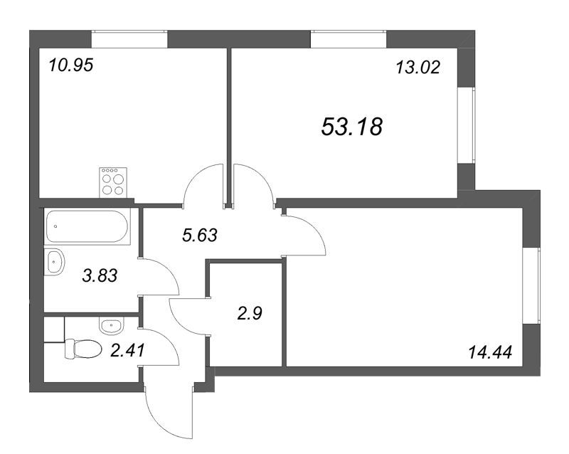 2-комнатная квартира, 53.18 м² в ЖК "Кинопарк" - планировка, фото №1