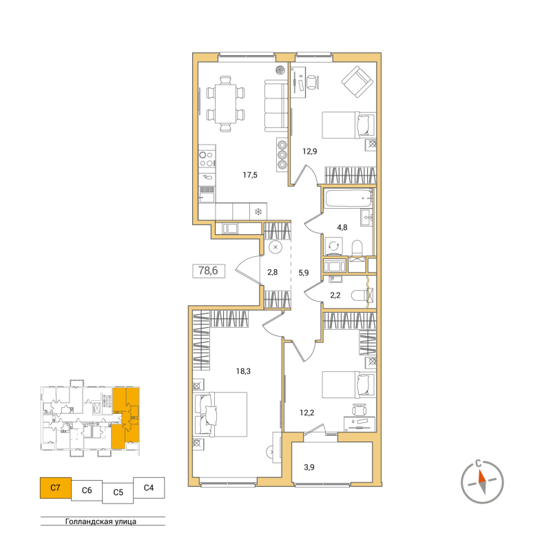 4-комнатная (Евро) квартира, 78.6 м² - планировка, фото №1