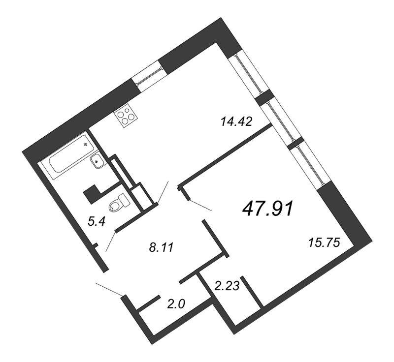 1-комнатная квартира, 47.91 м² в ЖК "Ariosto" - планировка, фото №1