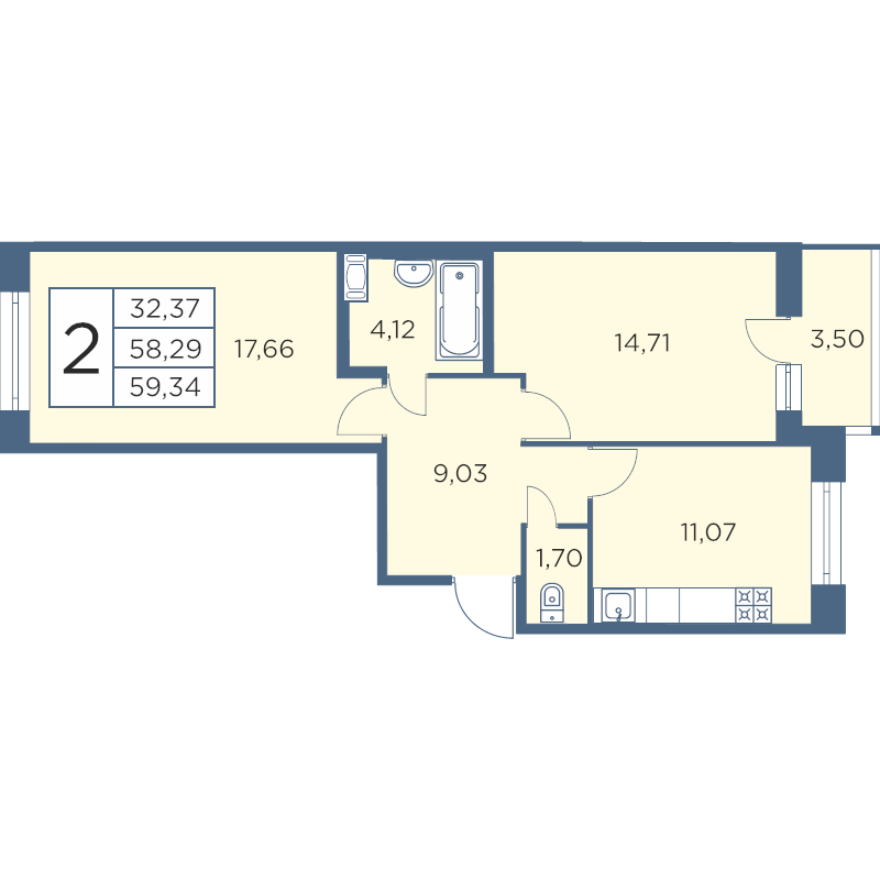 2-комнатная квартира, 59.34 м² - планировка, фото №1