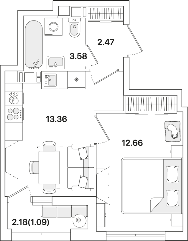 1-комнатная квартира, 33.16 м² - планировка, фото №1