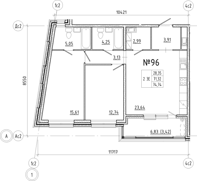 3-комнатная (Евро) квартира, 74.74 м² в ЖК "N8" - планировка, фото №1