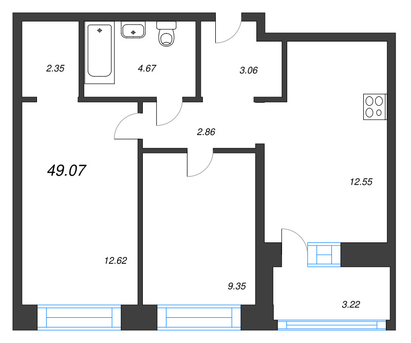 2-комнатная квартира, 49.07 м² в ЖК "Уютный" - планировка, фото №1