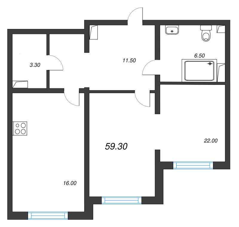 2-комнатная (Евро) квартира, 59.3 м² - планировка, фото №1