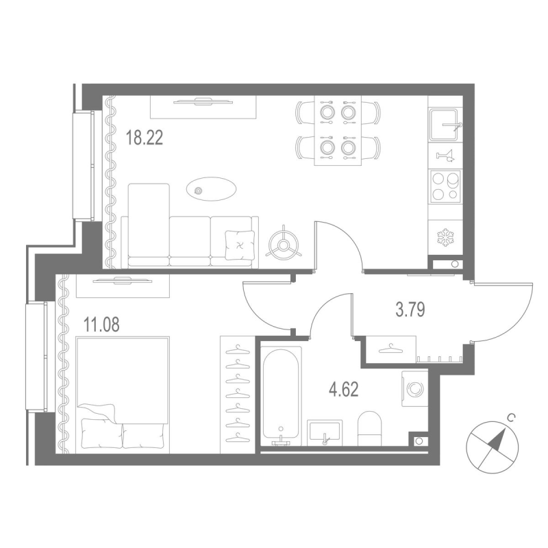 2-комнатная (Евро) квартира, 37.71 м² в ЖК "Остров Первых" - планировка, фото №1