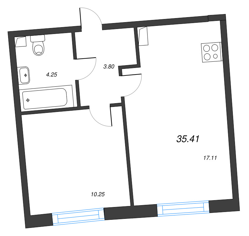 2-комнатная (Евро) квартира, 35.41 м² в ЖК "Бульвар Грина" - планировка, фото №1
