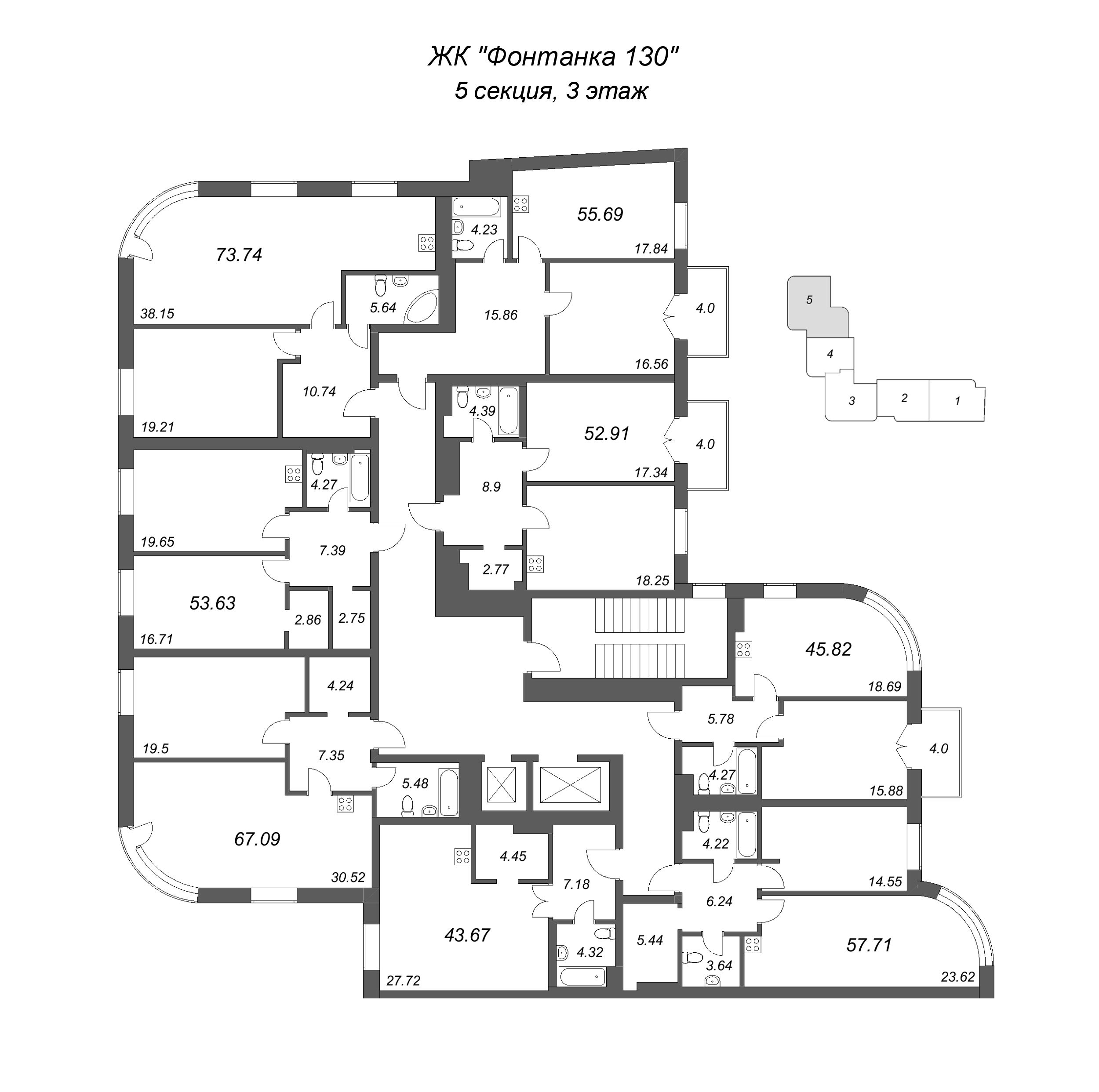2-комнатная (Евро) квартира, 45.82 м² в ЖК "Фонтанка 130" - планировка этажа