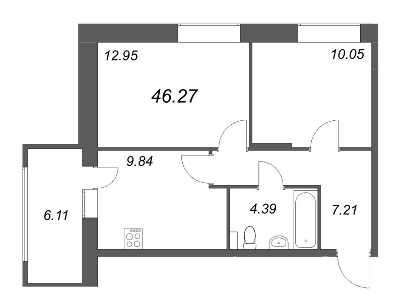 2-комнатная квартира, 46.27 м² - планировка, фото №1