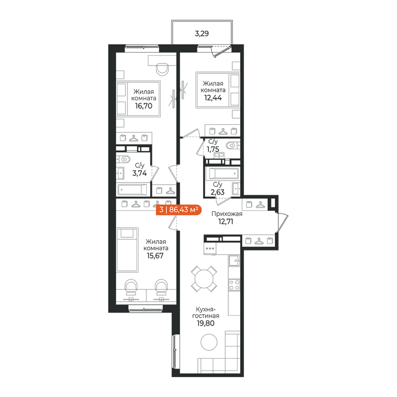 4-комнатная (Евро) квартира, 86.43 м² в ЖК "Алгоритм Квинта" - планировка, фото №1