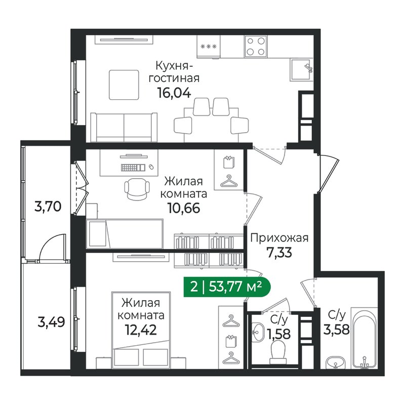 3-комнатная (Евро) квартира, 53.77 м² в ЖК "Сертолово Парк" - планировка, фото №1